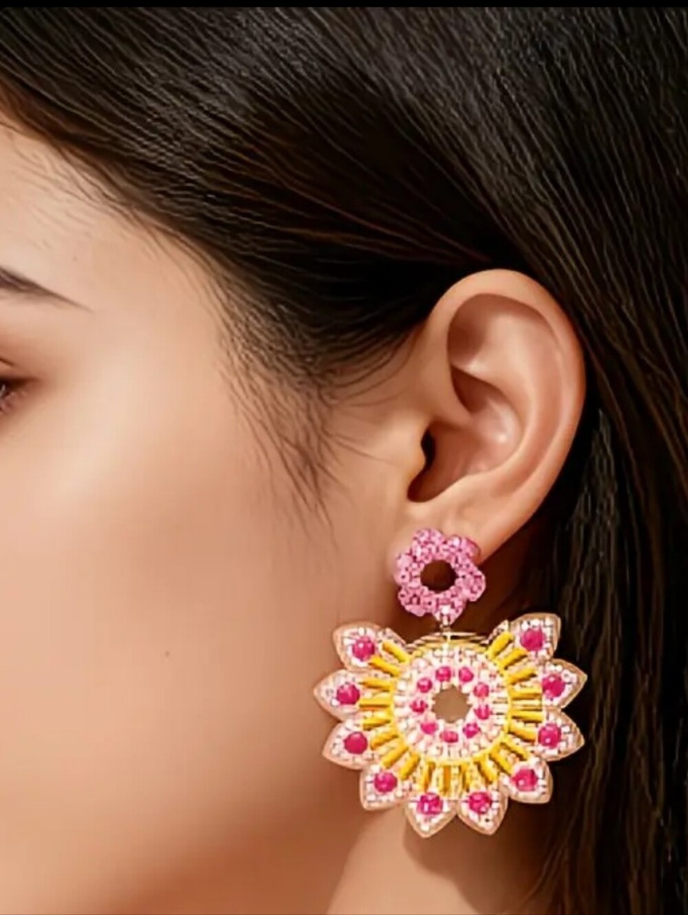 Floral Statement Drop Earrings Pink & Yellow Boho Indigenous Summer Acrylic New